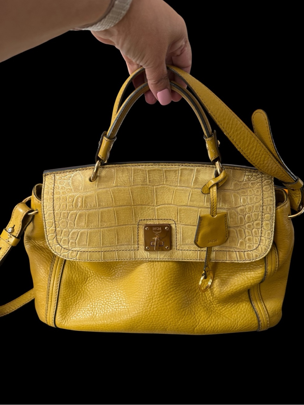 MCM Yellow Croc-Embossed Leather Satchel with Top Handles
